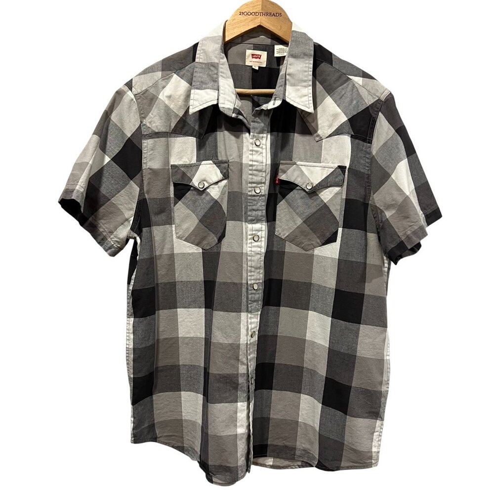 Levi's Short Sleeve Western Snap Shirt, Gray Buffalo Plaid, XL